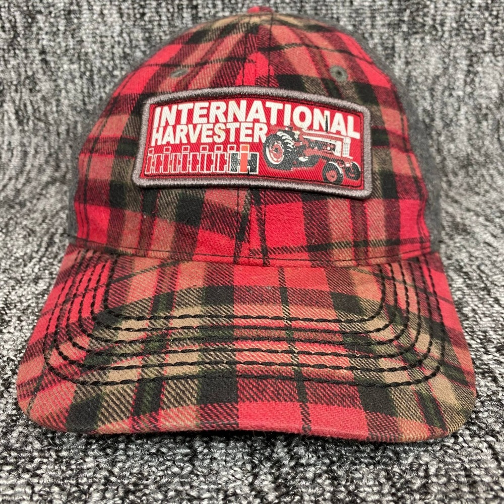 VTG International Harvester Plaid Strapback Hat Mens Red Gray Tractor Patch Cap